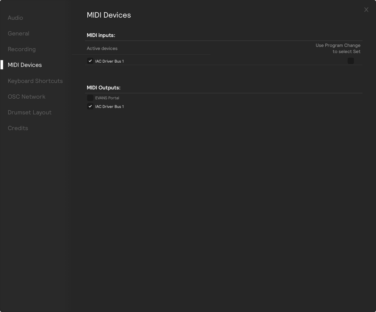 The EVANS Portal Audio Settings page with the channel layout open