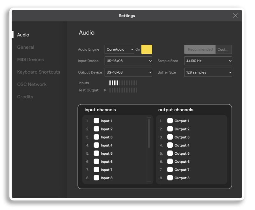 The Audio Settings page for any interface other than the EVANS Portal