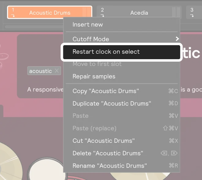 The set right-click menu, with Restart clock on select just below Cutoff Mode