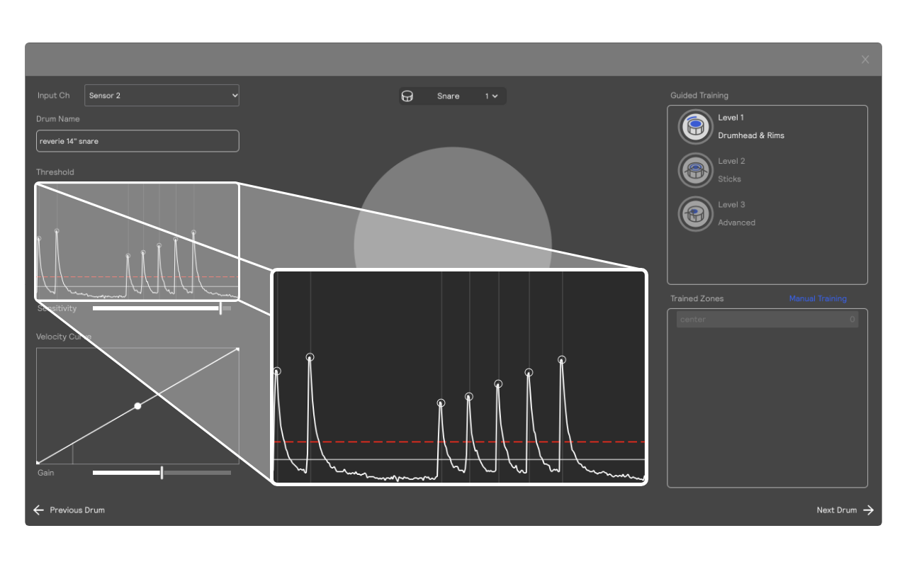 A screenshot of a hardware input&#39;s training page with the threshold panel highlighted.