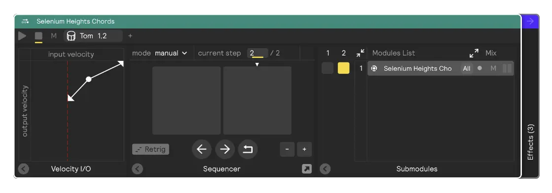 A screenshot of a velocity I/O panel set to ignore quiet hits on a sequencer module containing chord samples