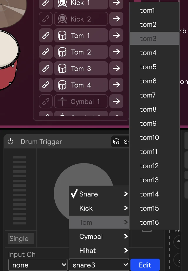 The Input Type menu on a Drum Trigger card, with the Tom submenu open and tom3 highlighted