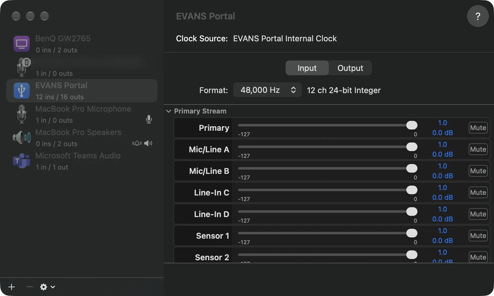 Audio MIDI Setup with the EVANS Portal selected on the Input tab: every input's slider at full (0.0 dB) and no Mute boxes ticked