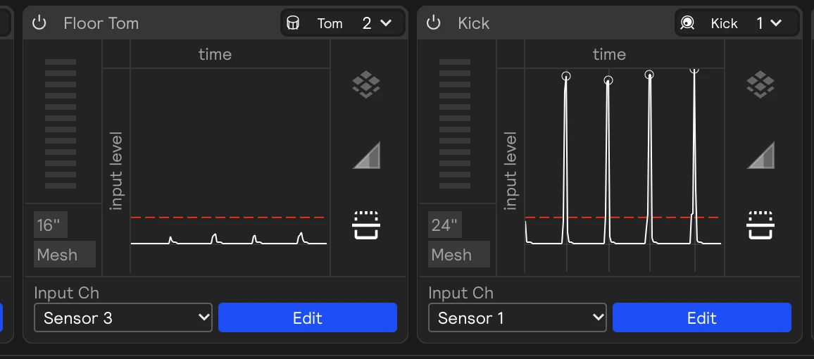 The floor tom and kick sensor cards in the Threshold view while only the kick is played. Each kick hit gets a dot on its peak. The floor tom picks up a small bump at the same moments, but it stays under the floor tom's threshold line, so it gets no dot and plays nothing