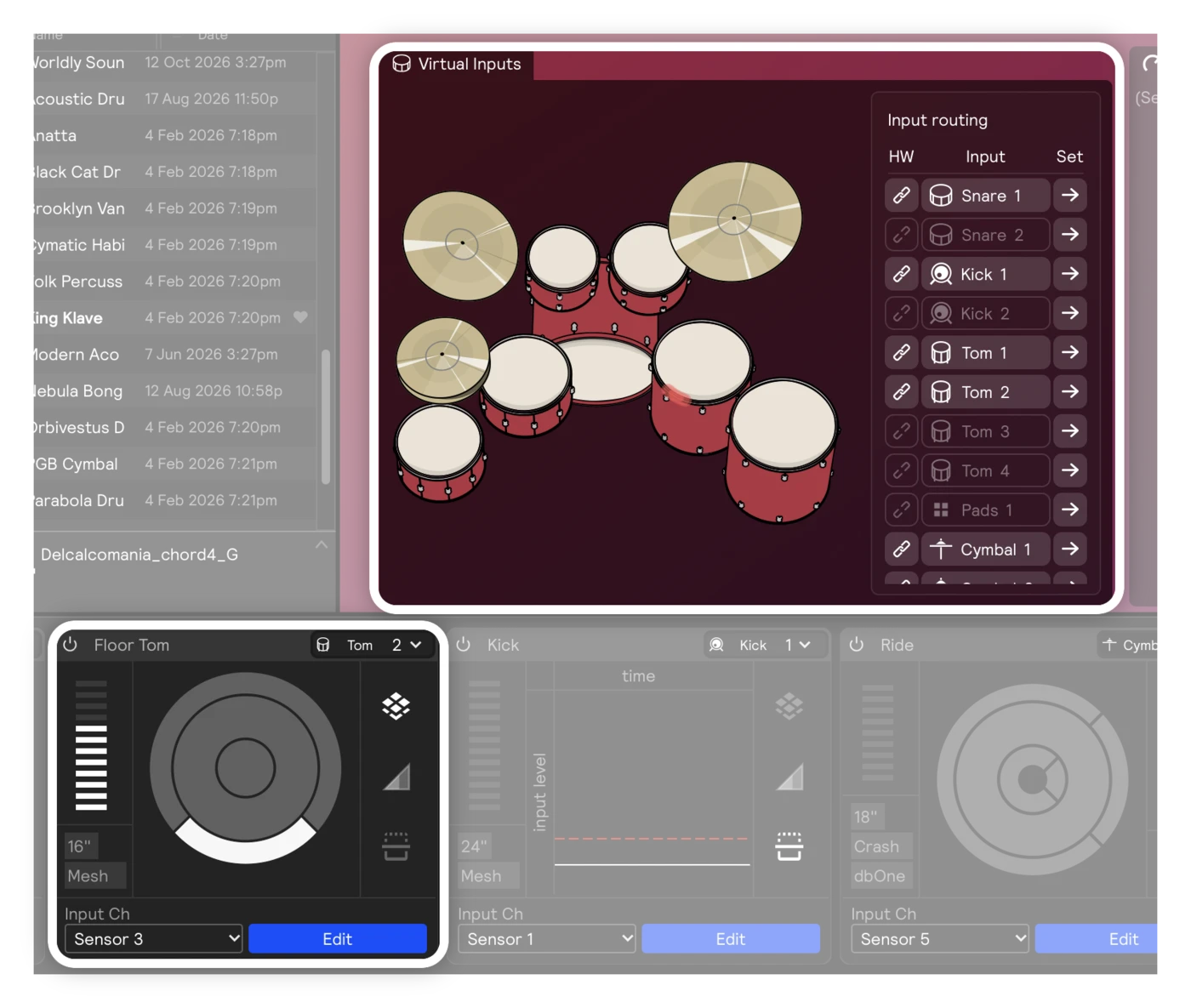 A floor tom hit: its input card's meter jumps and the pads display lights the zone that was hit, while the Play view's Input routing list shows filled HW markers for the inputs the hardware is sending, Tom 2 among them