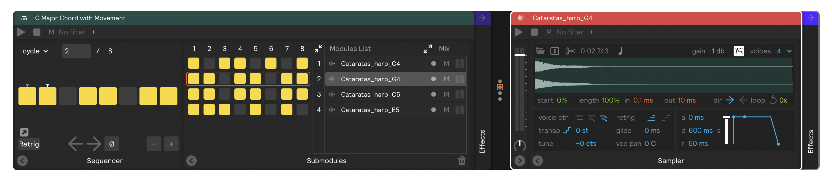 A sequencer with 8 steps containing different combinations of notes from the C Major scale